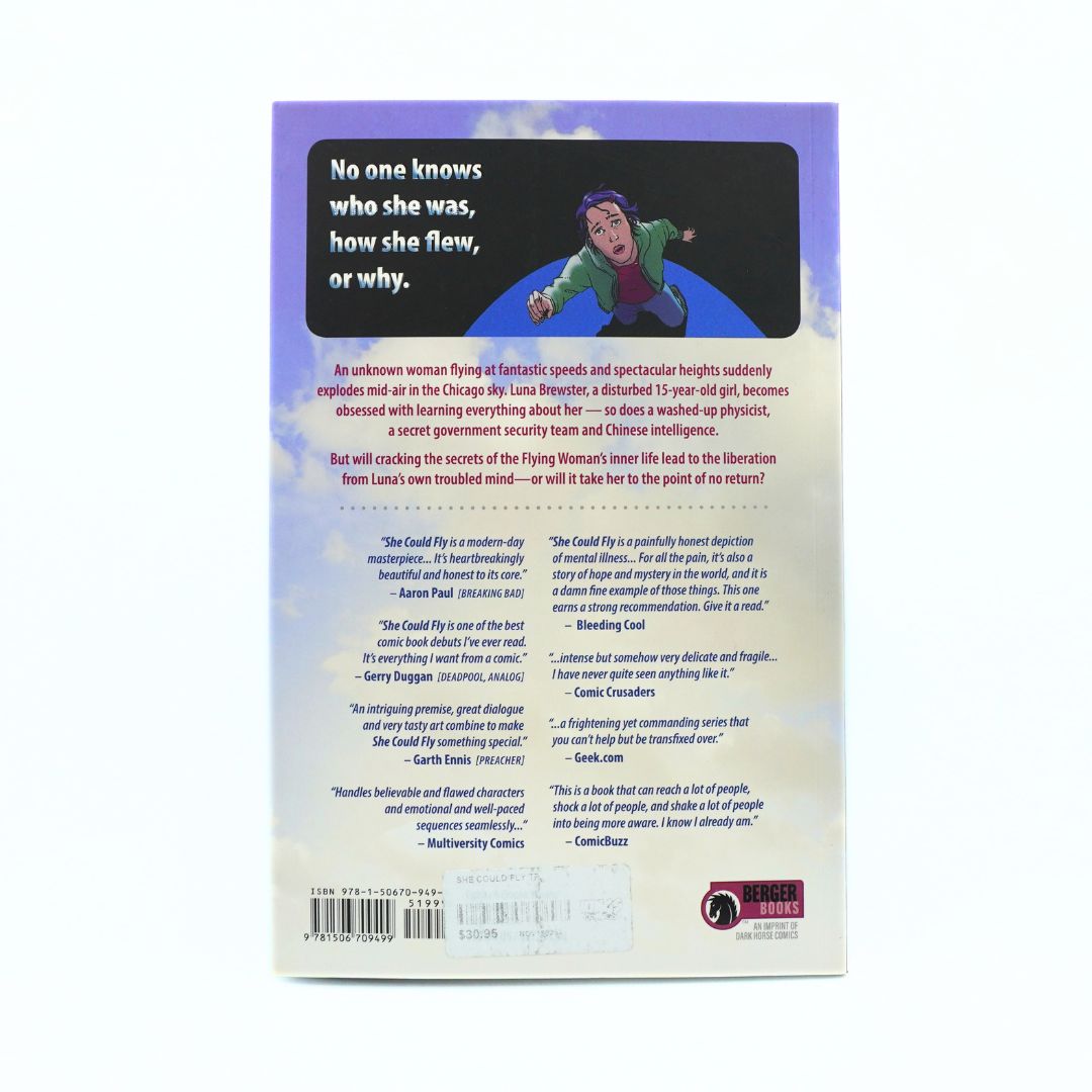 The back cover of a book reading 'No One Knows Who She Was, How She Flew, or Why.', featuring a purple and blue gradient background with a portrait of Lisa Simpson, book synopsis, and publisher logos.