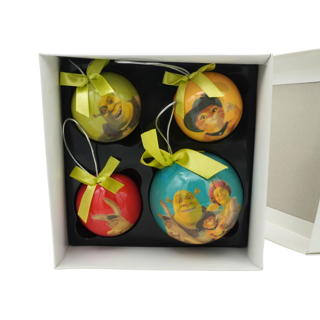Set of four colorful Christmas ornaments with cartoon characters in a box.