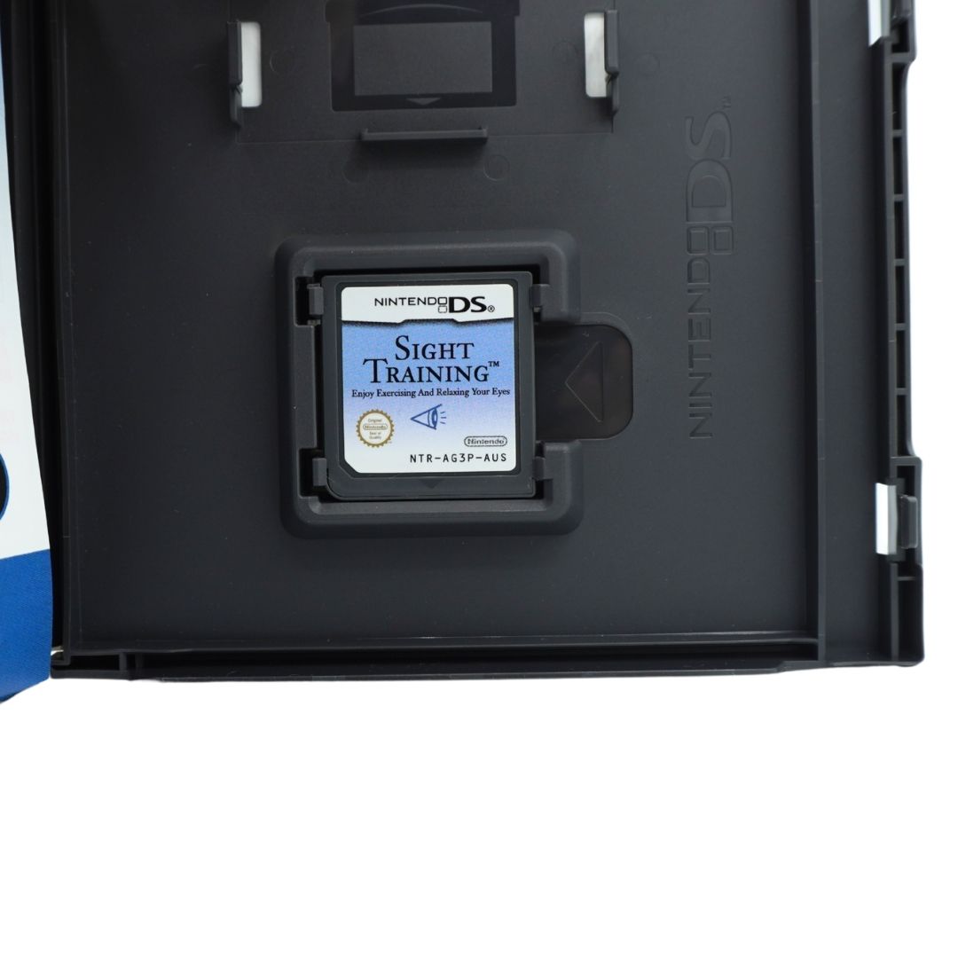 Nintendo DS Sight Training game cartridge inserted into a black plastic Nintendo DS console slot, shown against a white background.