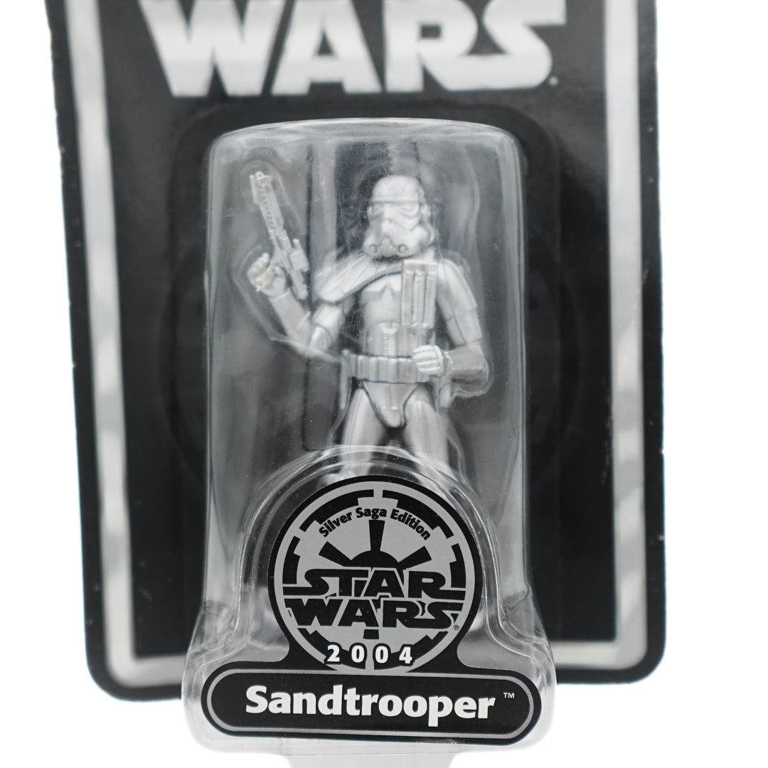 Closeup of the 2004 Silver Saga Edition 2004 Sandtrooper figurine in its packaging