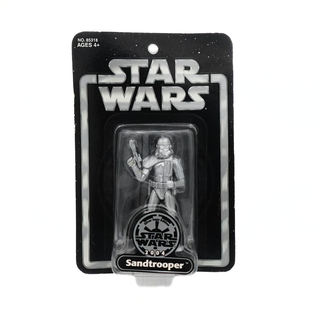 Front on photo of a 2004 Star Wars Sandtrooper figurine with a silver colour