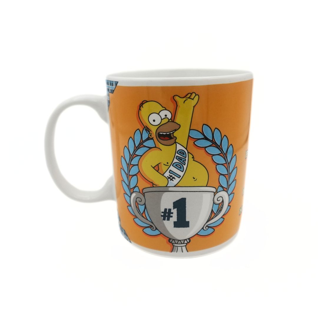 Orange and blue The Simpsons themed mug featuring Homer Simpson inside a trophy with #1 emblazoned on the side