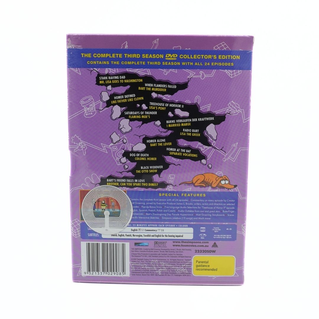 The back cover of the 'The Complete Third Season DVD Collector's Edition' box set, featuring a purple background, character illustrations, and a circular jewel case window graphic.