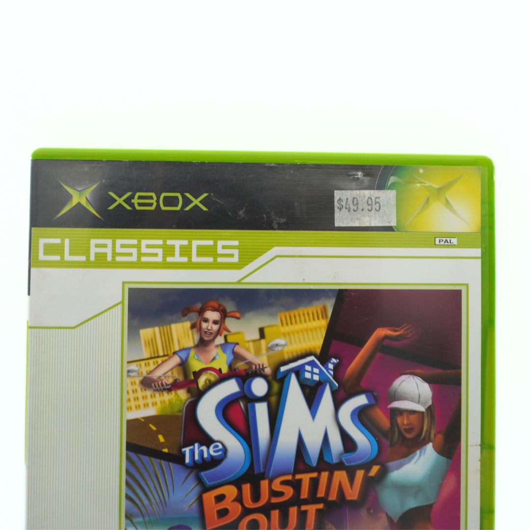Xbox Classics 'The Sims Bustin' Out' game case on a white background