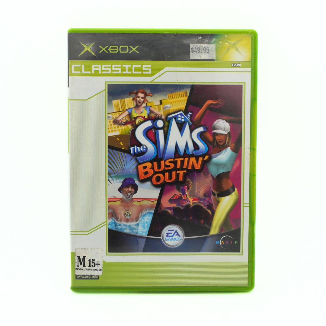Xbox Classics 'The Sims Bustin' Out' game case on a white background
