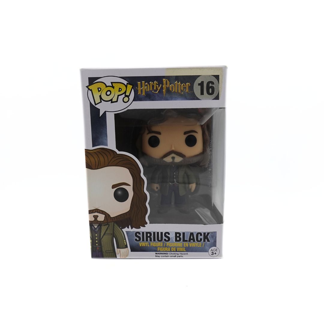 Front photo showing the Sirius Black Harry Potter Funko Pop, with some damage to the box