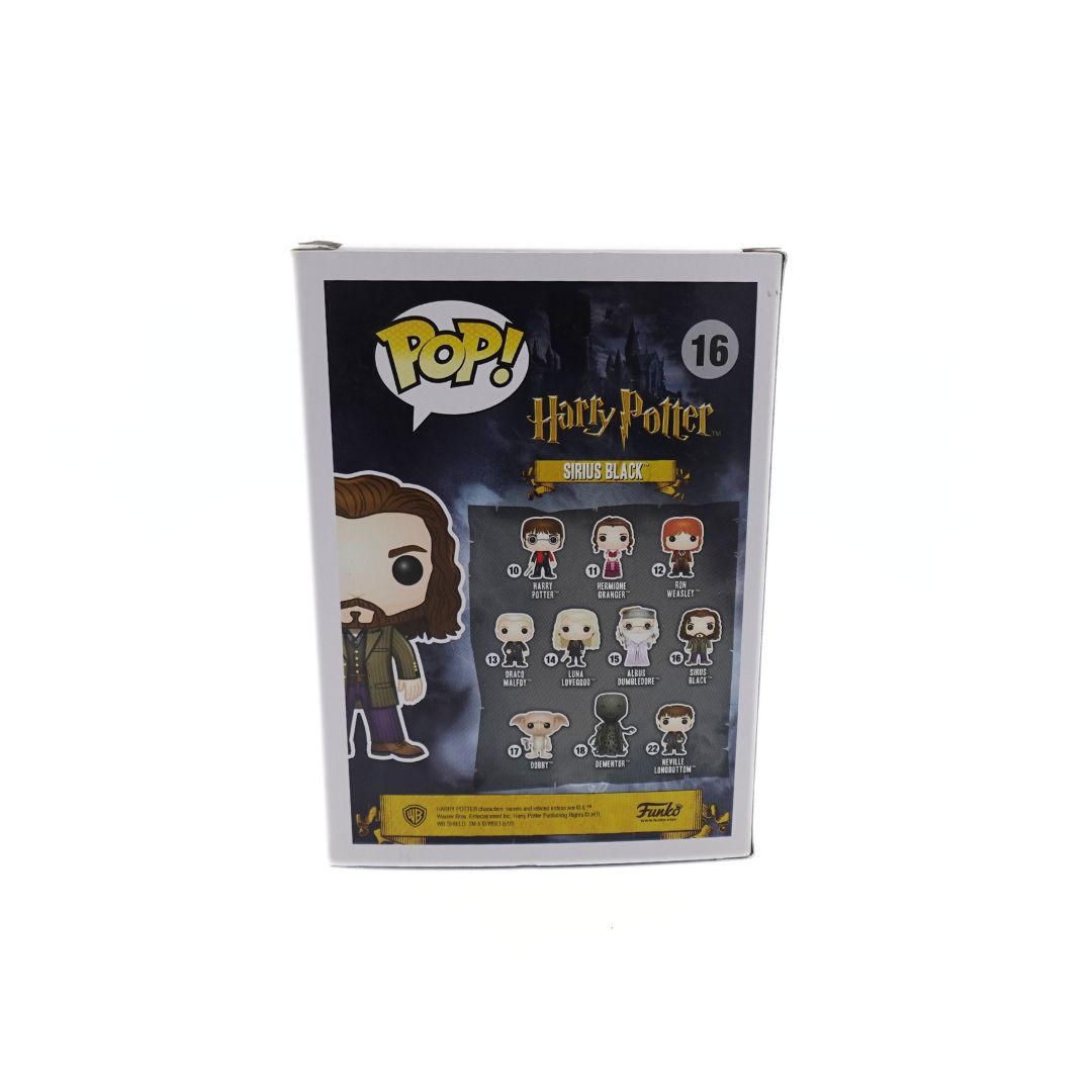 Back photo showing the Sirius Black Harry Potter Funko Pop, with some damage to the box showing illustrations of other characters