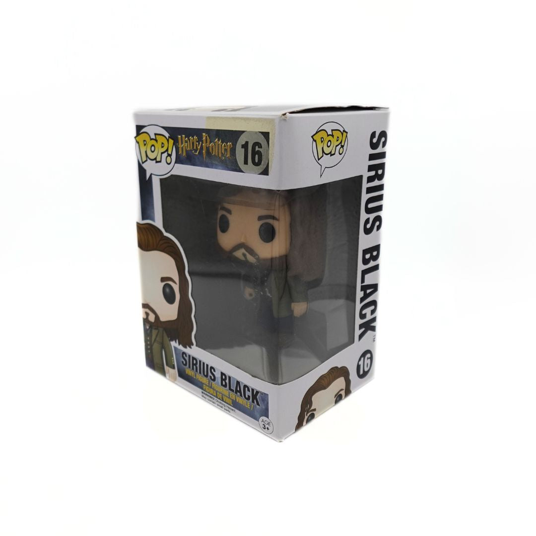 Angled photo showing the Sirius Black Harry Potter Funko Pop, with some damage to the box