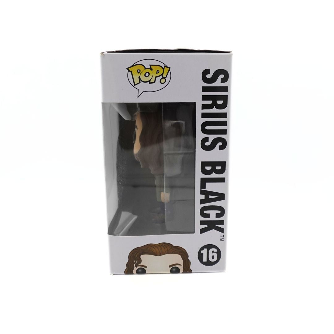 Side on photo showing the Sirius Black Harry Potter Funko Pop, with some damage to the box