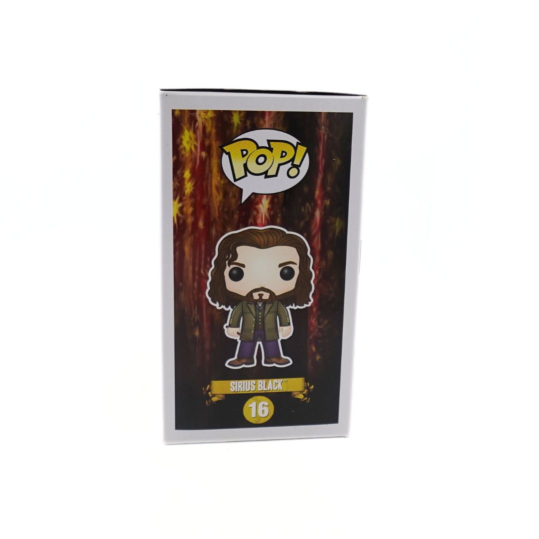 Side on photo showing the Sirius Black Harry Potter Funko Pop, with some damage to the box, showing an illustration of the figure