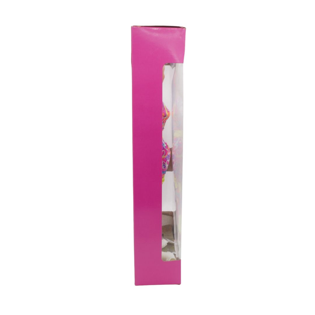 Tall pink rectangular box with plastic on a white background