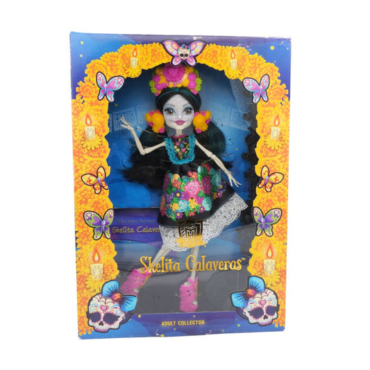 Skelita Calaveras doll in a colorful box with floral and butterfly design