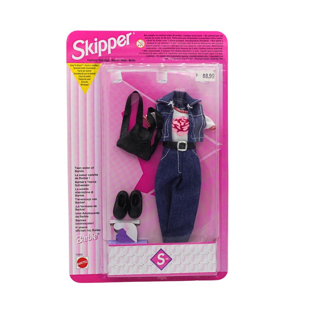 Packaged doll clothing set with pink Skipper label on a white background