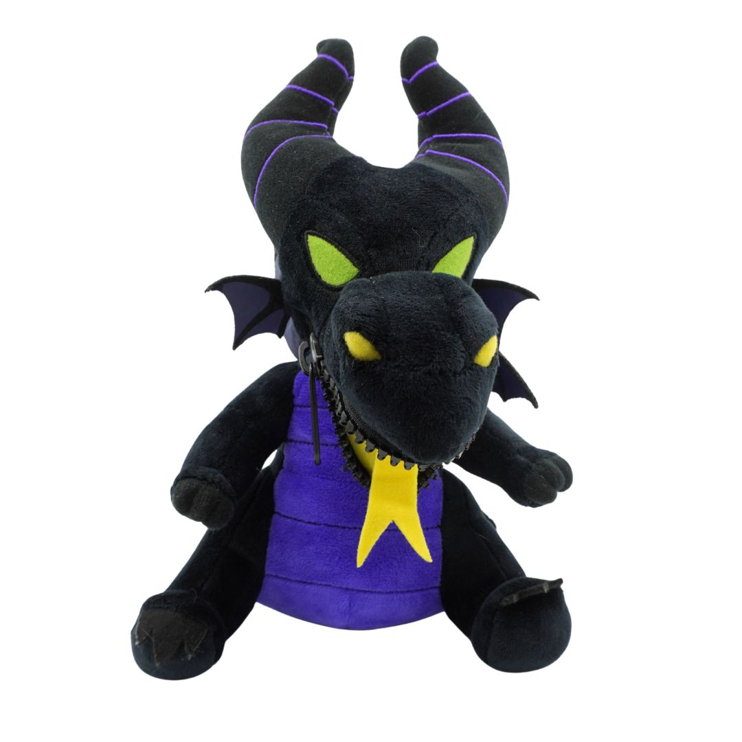 Black plush toy with purple accents and yellow details on a white background