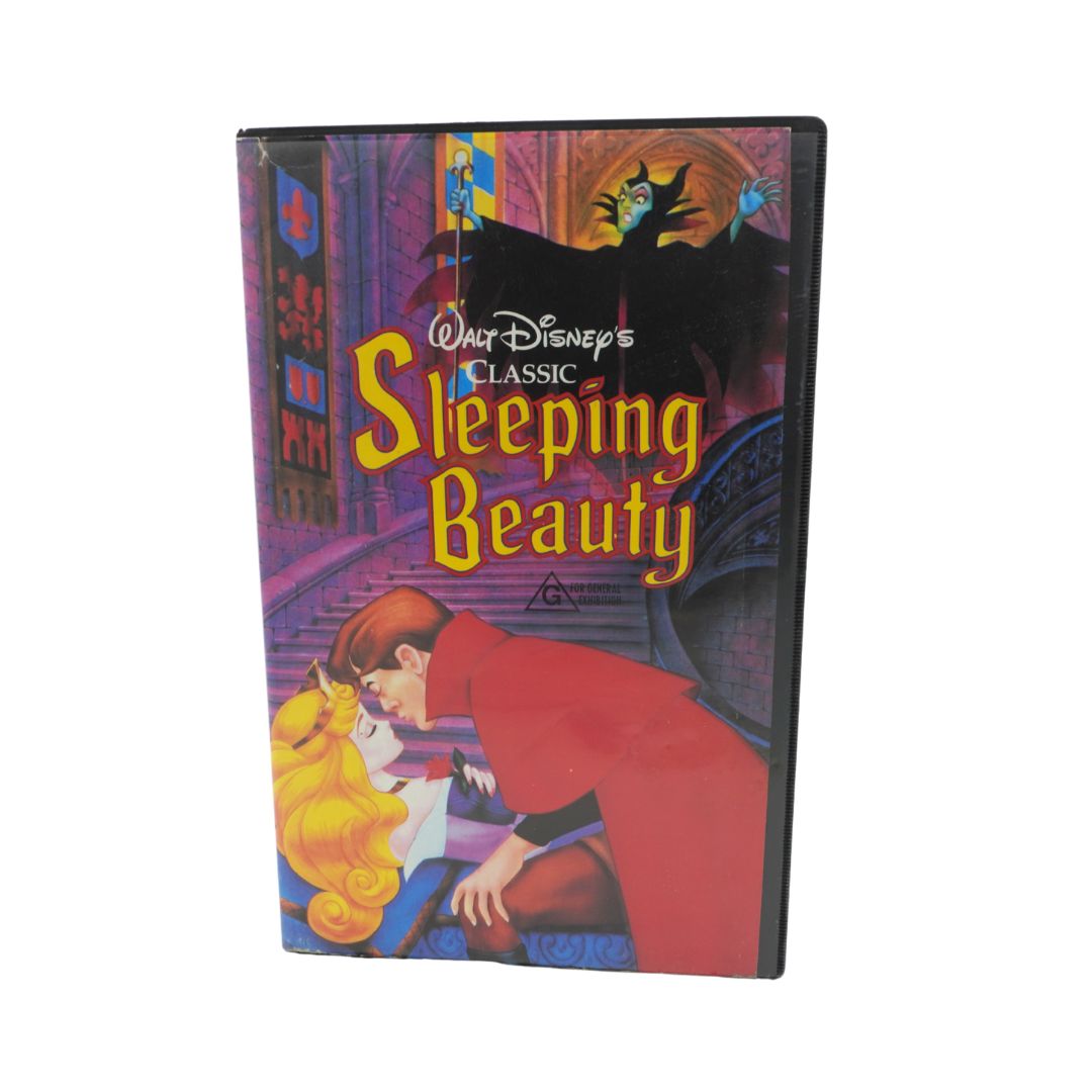 VHS tape cover of Disney's 'Sleeping Beauty' with colorful design and characters.