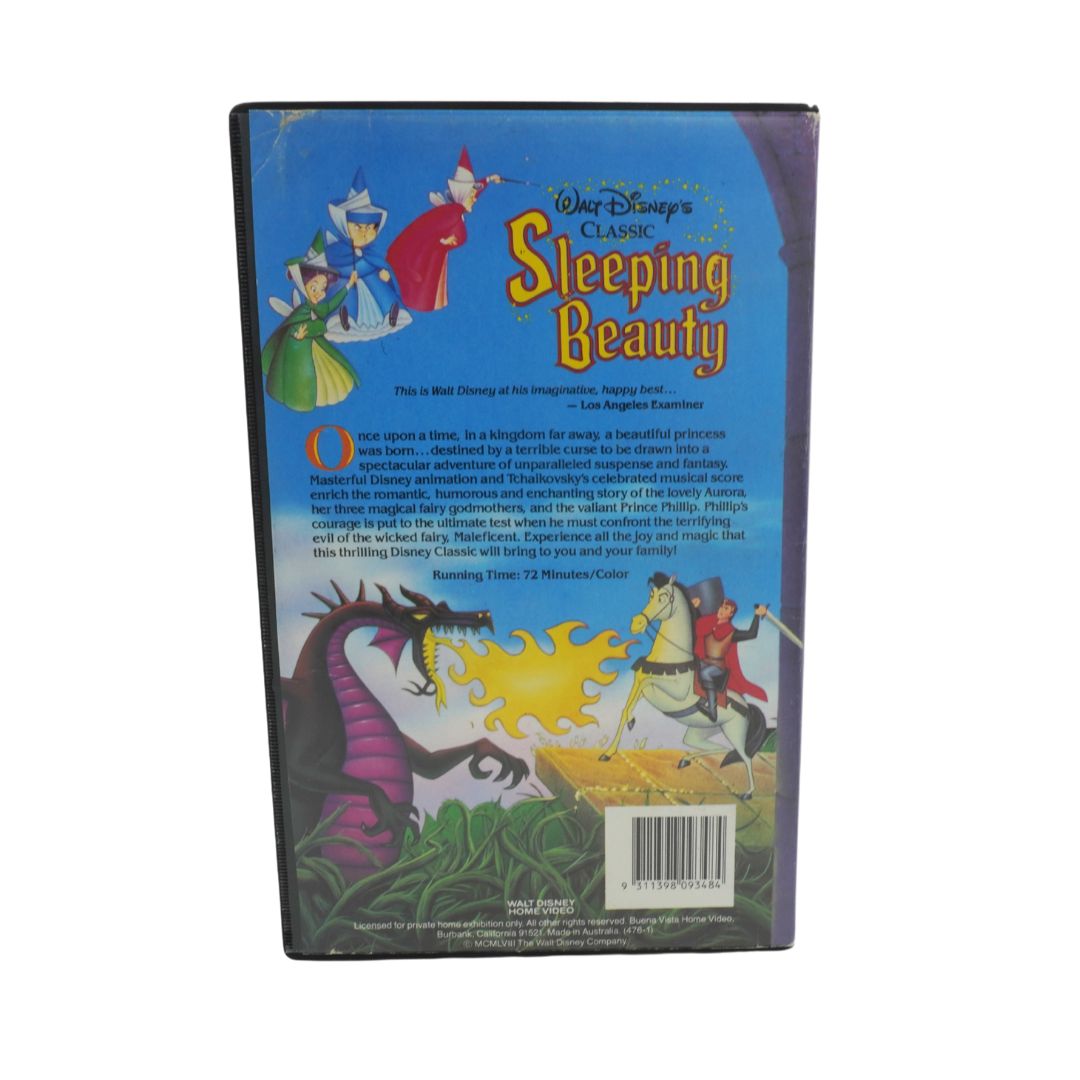 Back cover of 'Sleeping Beauty' VHS with colorful illustrations and text.