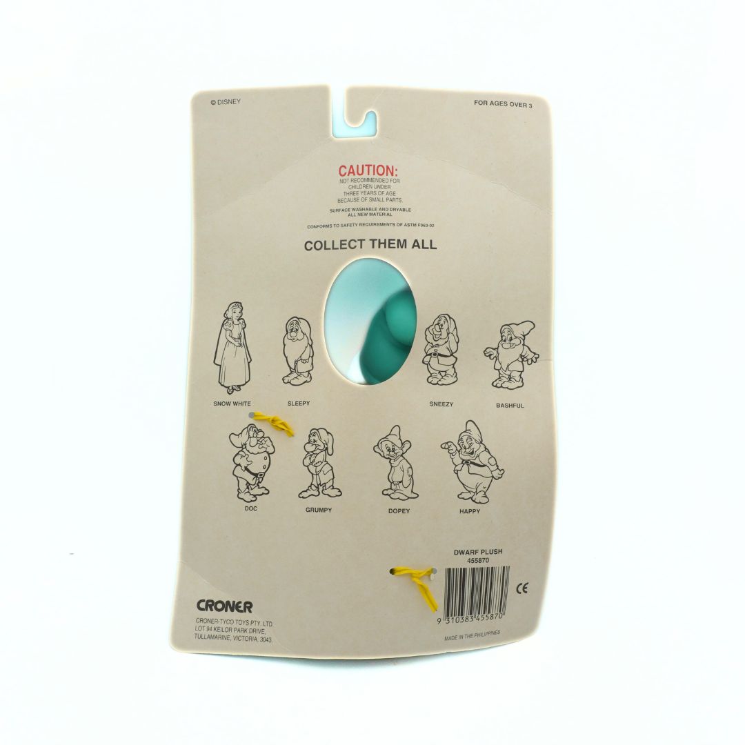 Cardback on a vintage Sleepy the Dwarf toy from Snow White