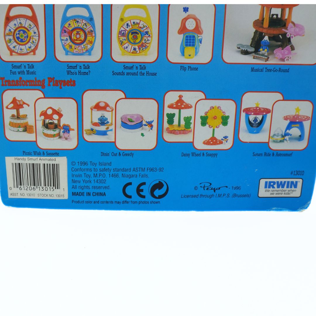 Back of a toy packaging with various toy illustrations and branding details.