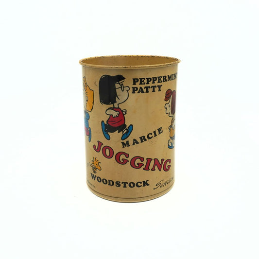 1971 Snoopy and Friends tin with multiple characters around the outside, visible here Peppermint Patty and Marcie