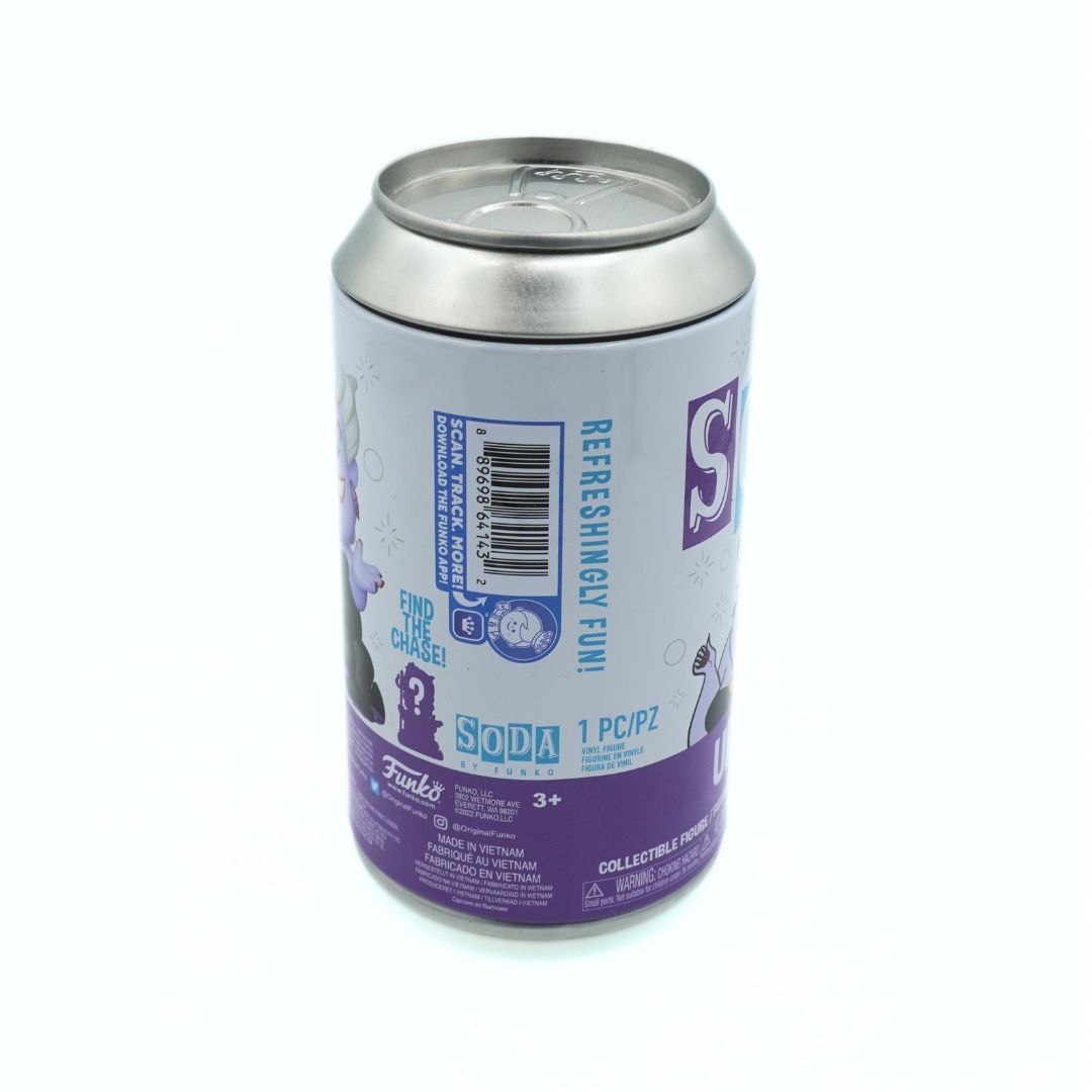 A collectible soda can from Funko's Pop! Mystery Box collection, featuring a white and purple label with character artwork and a silver aluminum top, photographed on a white background.