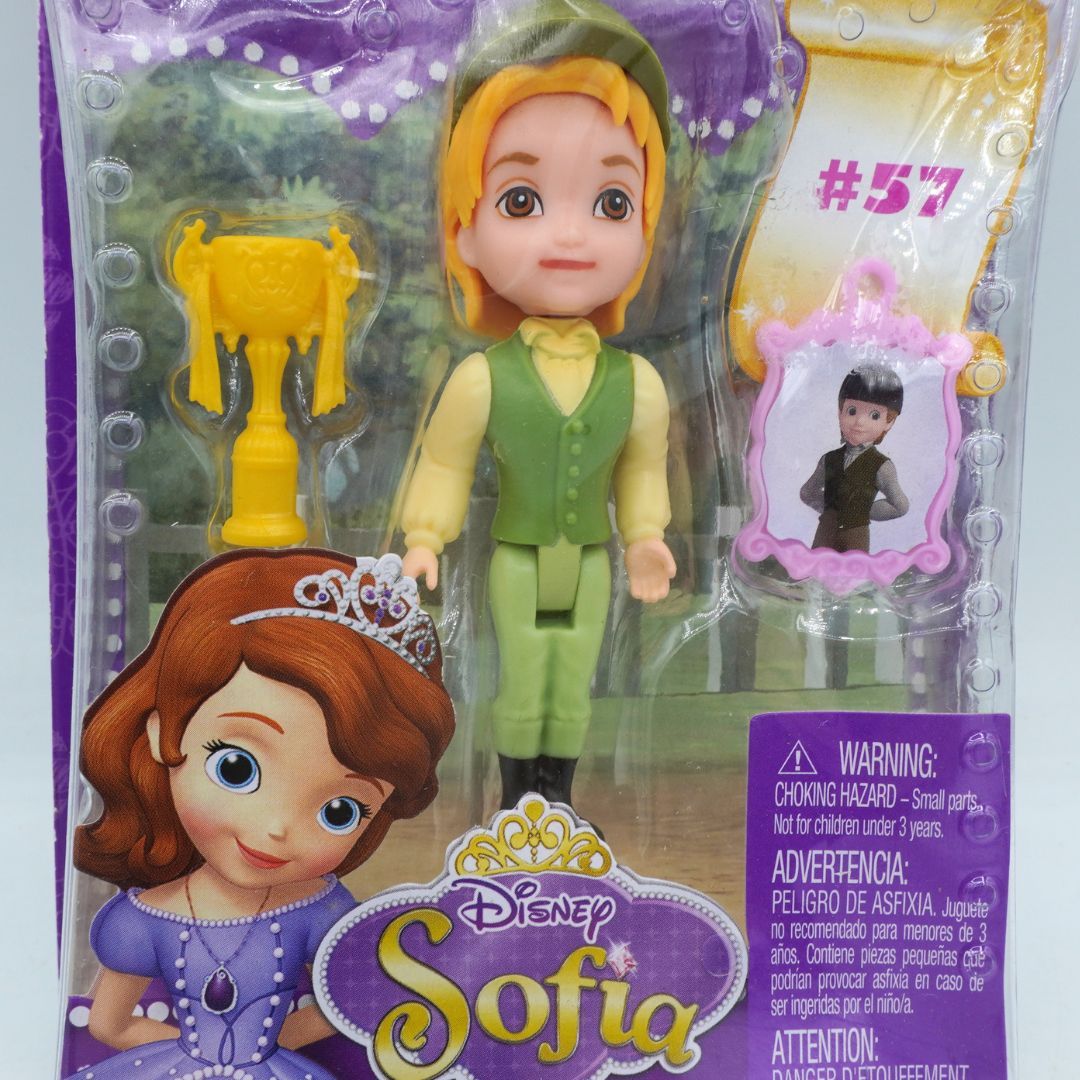 Toy figure of a character from Disney's Sofia the First in packaging with a smaller figure and trophy.