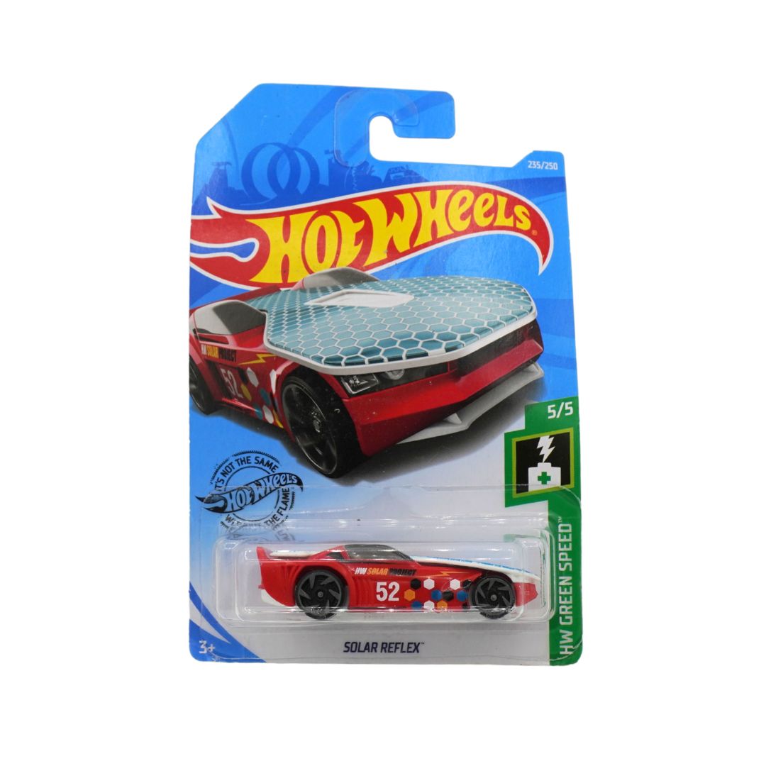 Front on image of a red Solar Reflex Hot Wheels car, from the HW Green Speed collection.