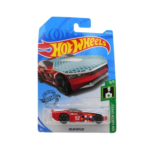 Front on image of a red Solar Reflex Hot Wheels car, from the HW Green Speed collection.