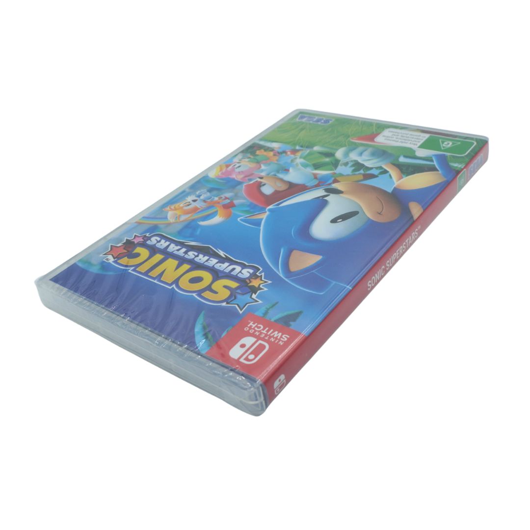 Nintendo Switch game case for Sonic Superstars, featuring colorful character artwork on the cover and a red Nintendo Switch logo on the front, photographed on a plain white background.
