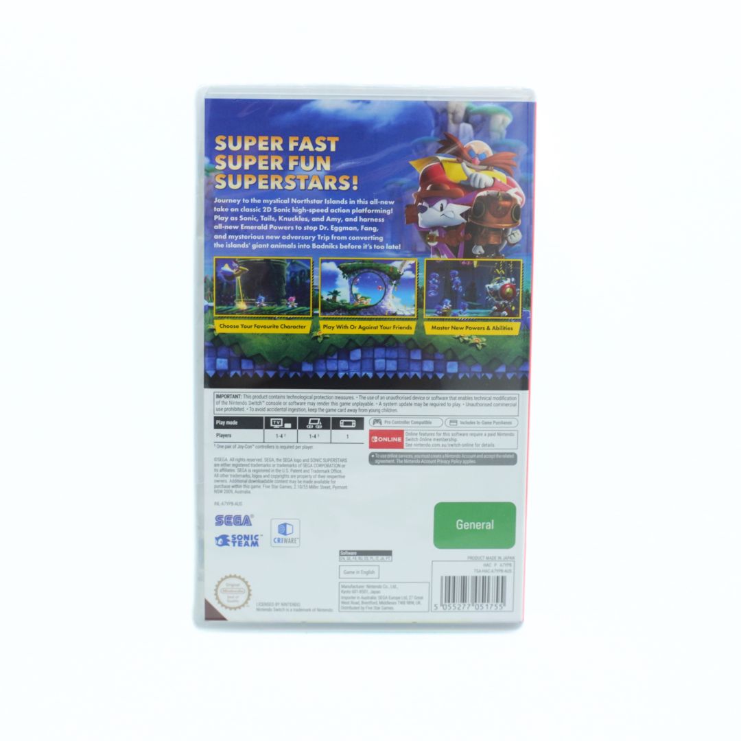 The back cover of a SEGA Switch game case, featuring Sonic the Hedgehog artwork, game features, and technical specifications on a white background.