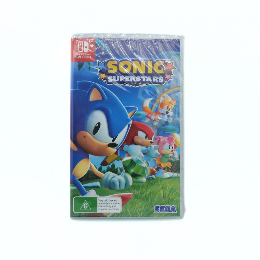 Nintendo Switch game case for Sonic Superstars, sealed in plastic shrink wrap, featuring Sonic, Knuckles, Tails, and Amy Rose on the cover.
