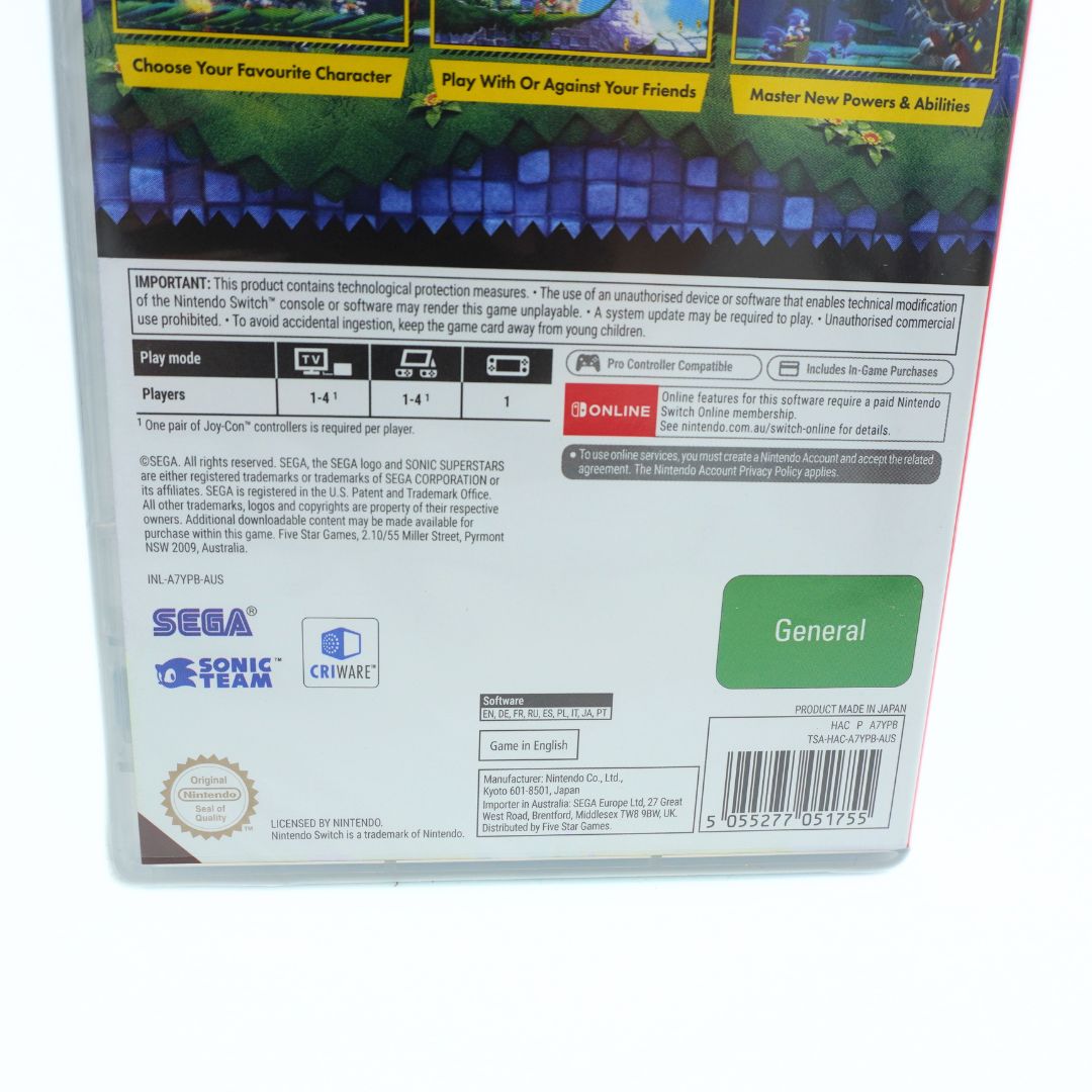 Back cover of a Nintendo Switch game case, showing the product information panel, logos for SEGA and Criware, a green 'General' color label, and a barcode on a white background.