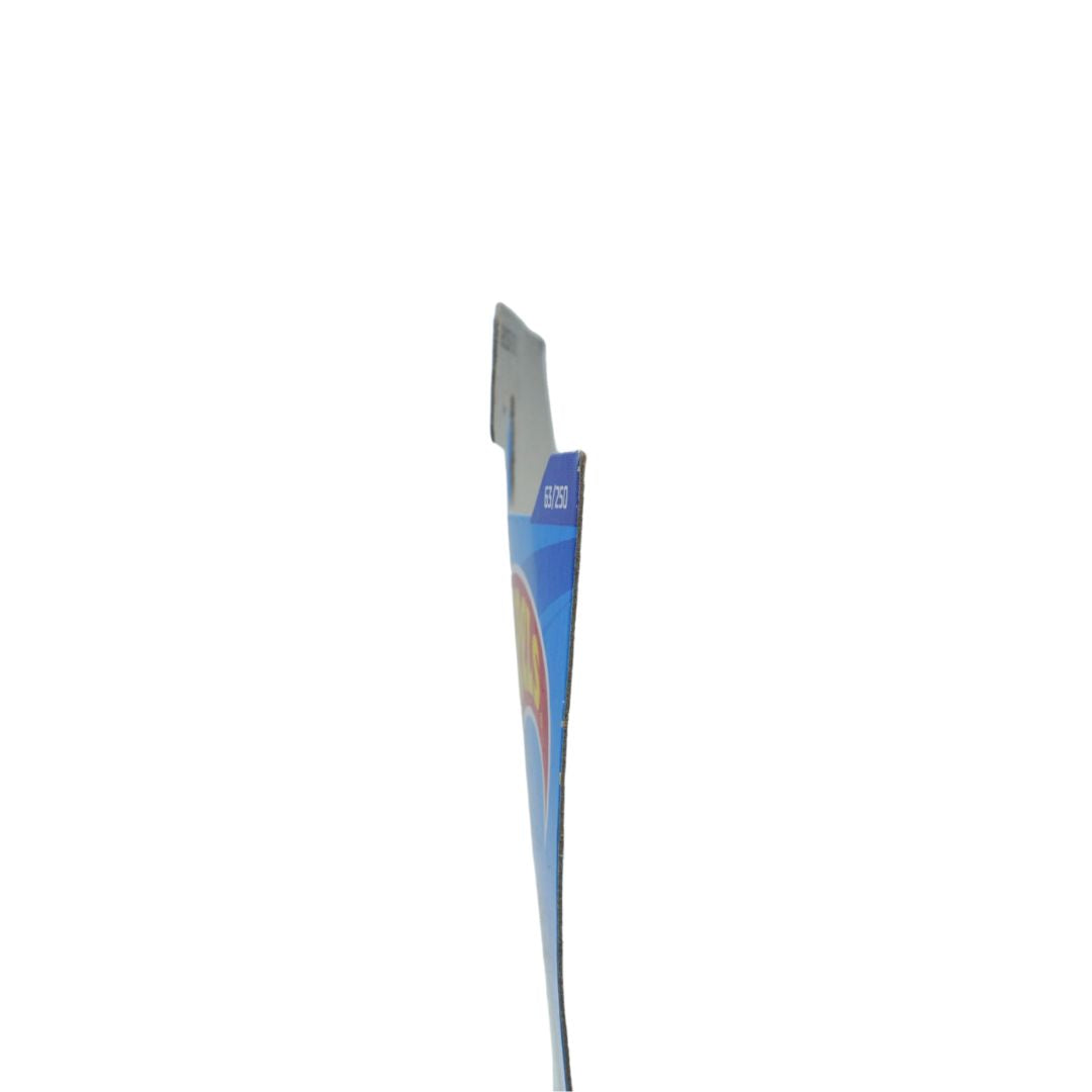 A close-up, low-angle view of the side of a blue and white paperboard carton, isolated on a white background.