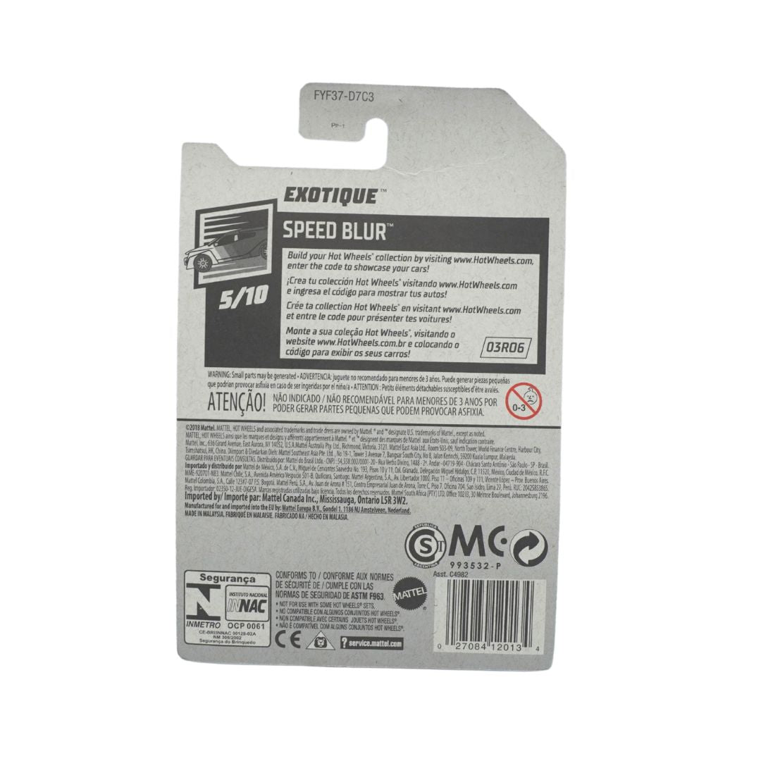 The back of an Exotique Speed Blur 5/10 caliber shotgun shell card, showing product information, warnings, and a barcode on a plain white background.