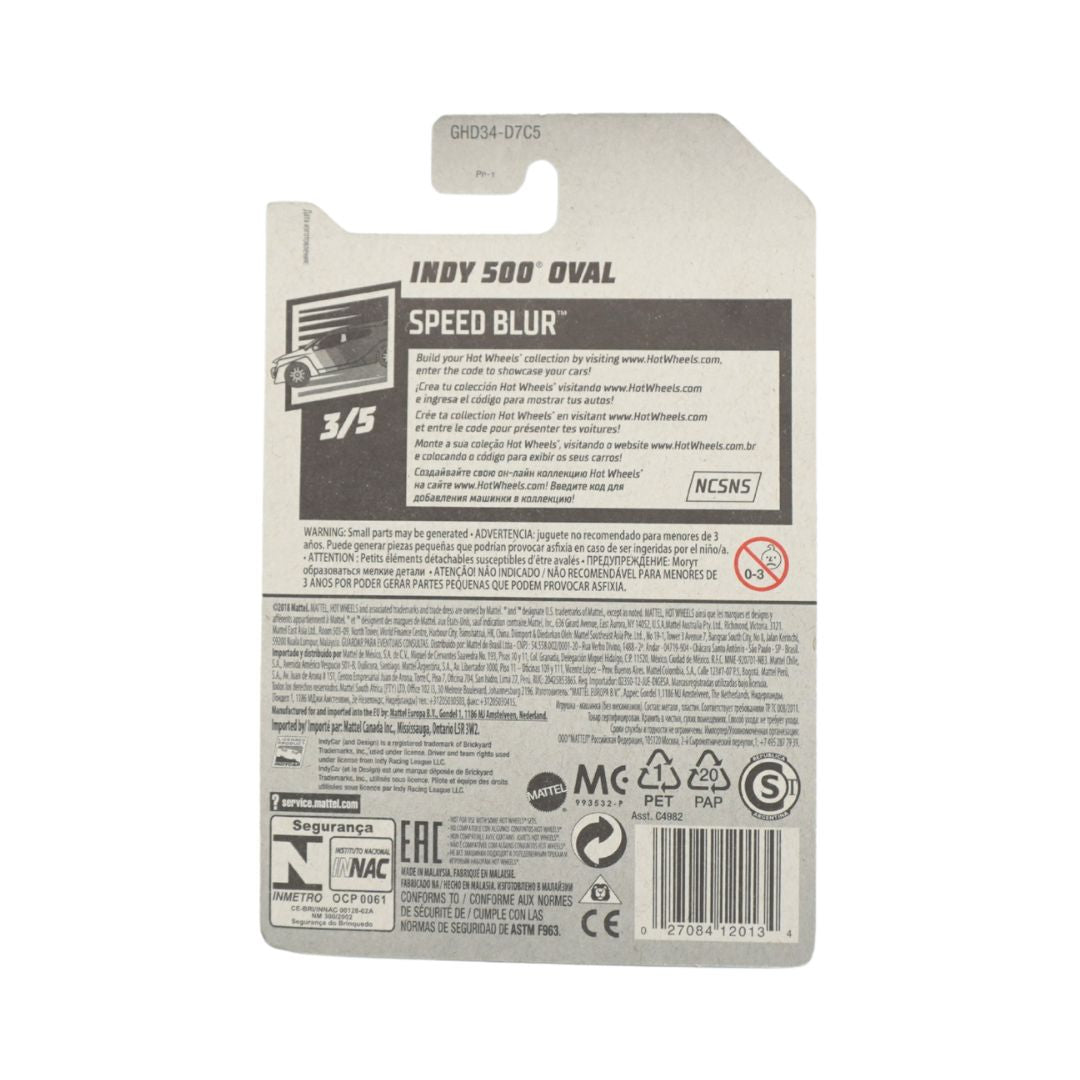 Back view of a packaged golf club head insert for the Indy 500 'Oval' Speed Blur, showing technical specifications, barcodes, and certification logos on a white background.