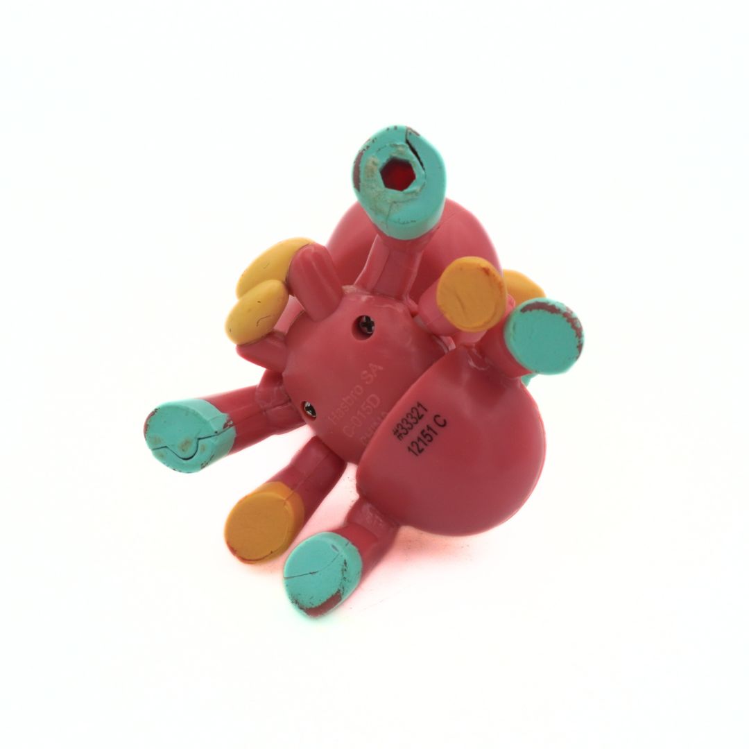 Colorful toy with a red body and multicolored limbs on a white background
