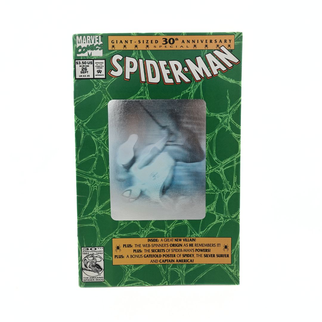 Front cover of the 30th anniversary edition of Marvel Comics' Super-man with a green background and holographic panel