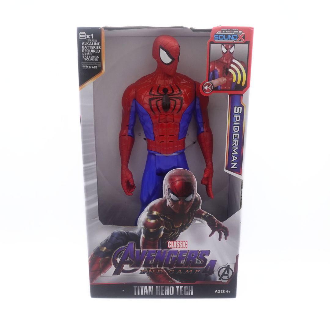 A picture of an Avengers Endgame Spiderman figure in a red and blue costume