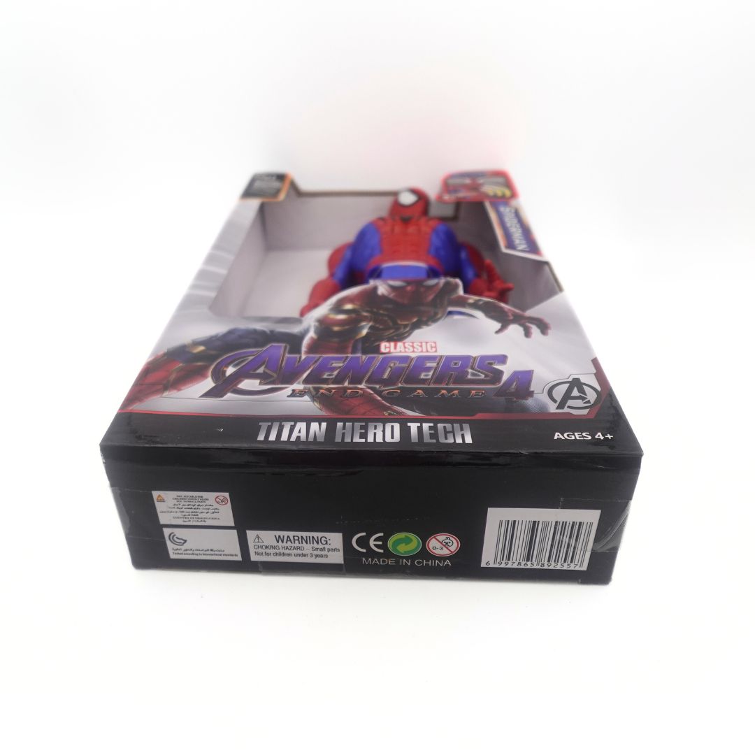 Underside of a Spiderman toy in an unbranded Avengers box