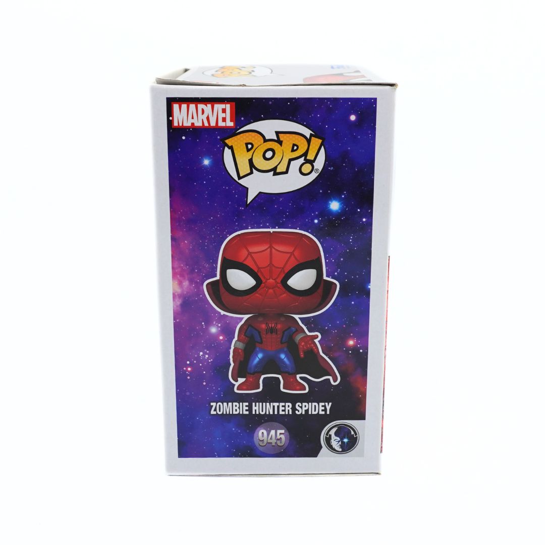 Marvel Funko Pop! Zombie Hunter Spidey number 945 vinyl figure box, featuring a stylized Spider-Man character against a purple galaxy background.