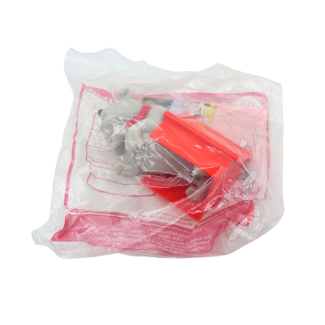 A small plastic bag containing red and gray components, sealed with a clear plastic wrap and a pink printed insert, shown on a plain white background.