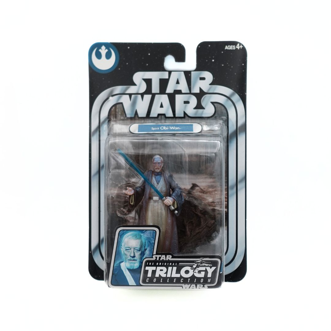 Front on photo of a 2004 Spirit Obi-Wan Kenobi figure in blue and black packaging