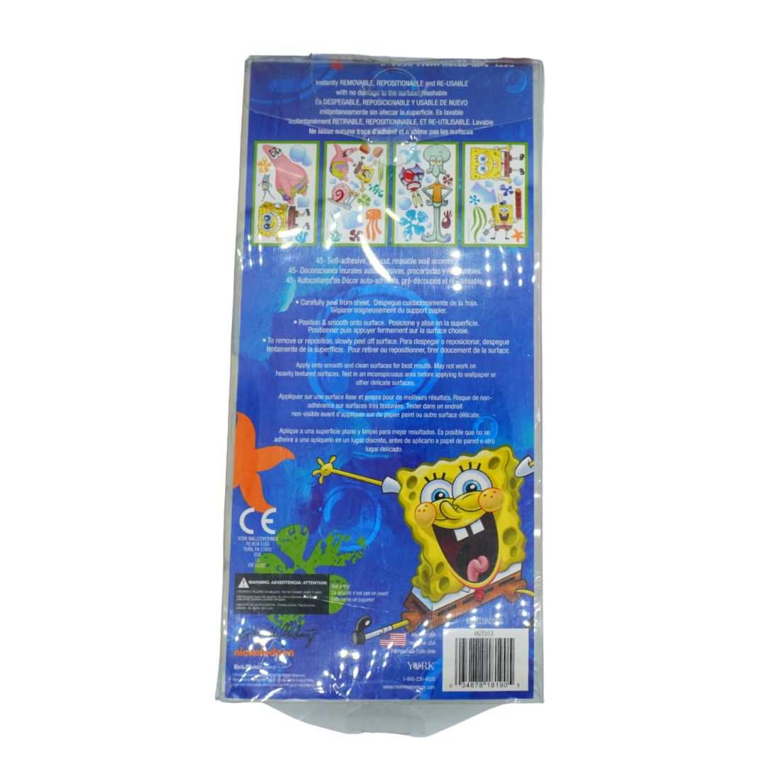 The back of a SpongeBob-themed plastic blister pack, showing product instructions, illustrations, and a barcode on a white background.