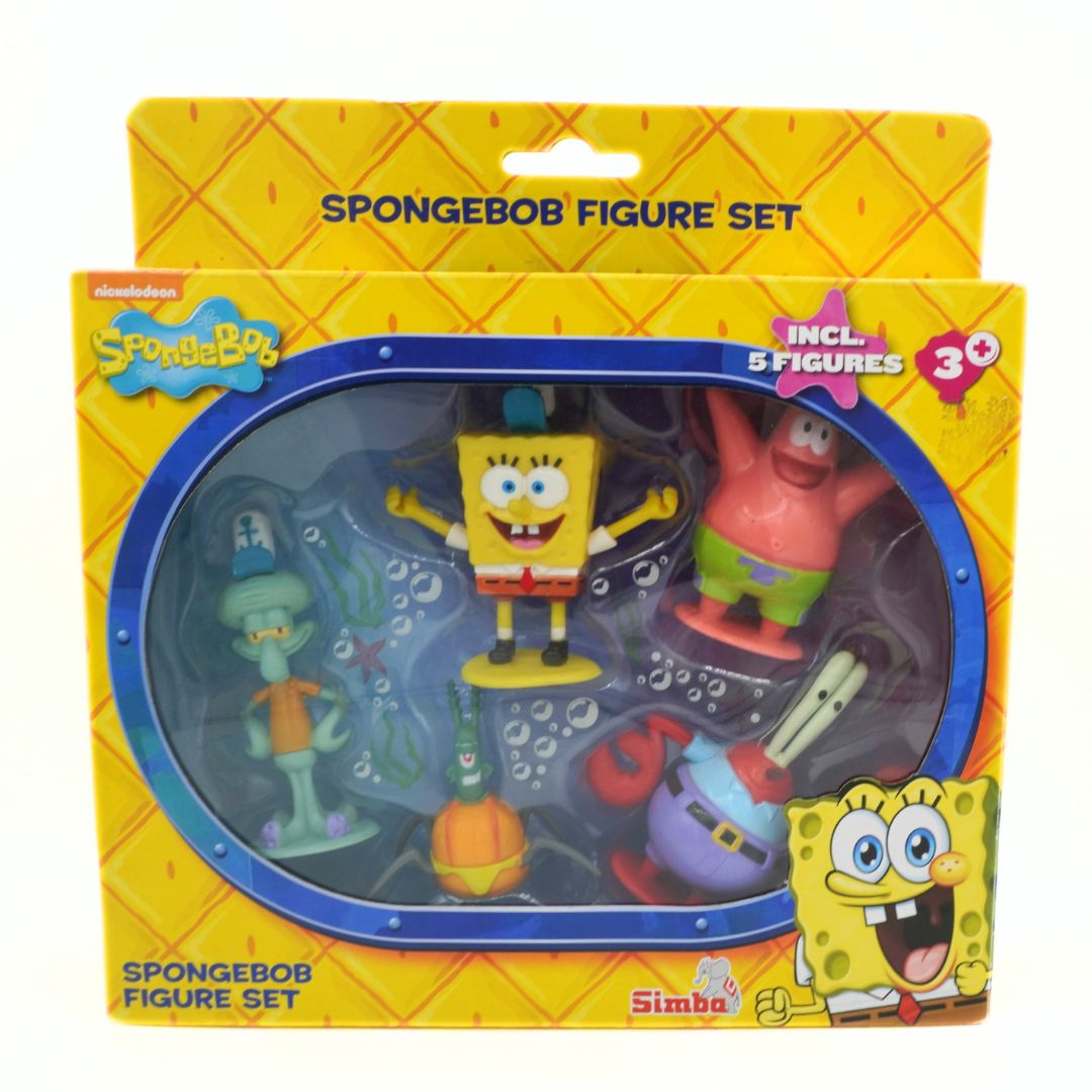 SpongeBob Figure Set packaging with characters and 'SpongeBob' branding.