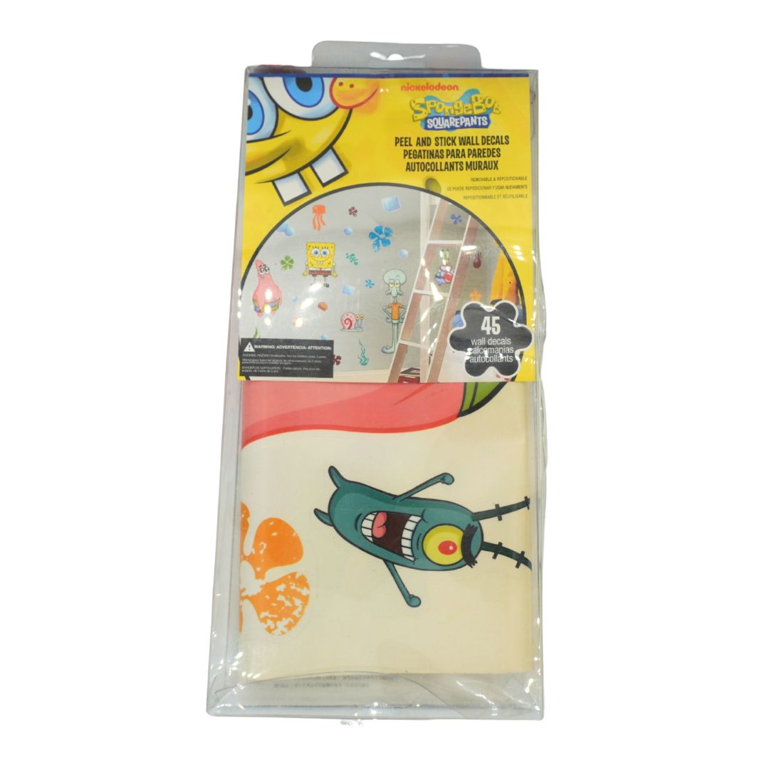 SpongeBob-themed peel and stick wall decals in retail packaging, featuring a yellow header card and a sheet with characters like SpongeBob, Plankton, and Patrick on a white background.