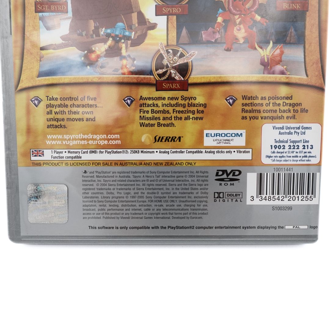 Barcode, copyright and branding information on the 2004 PS2 game Spyro A Hero's Tail