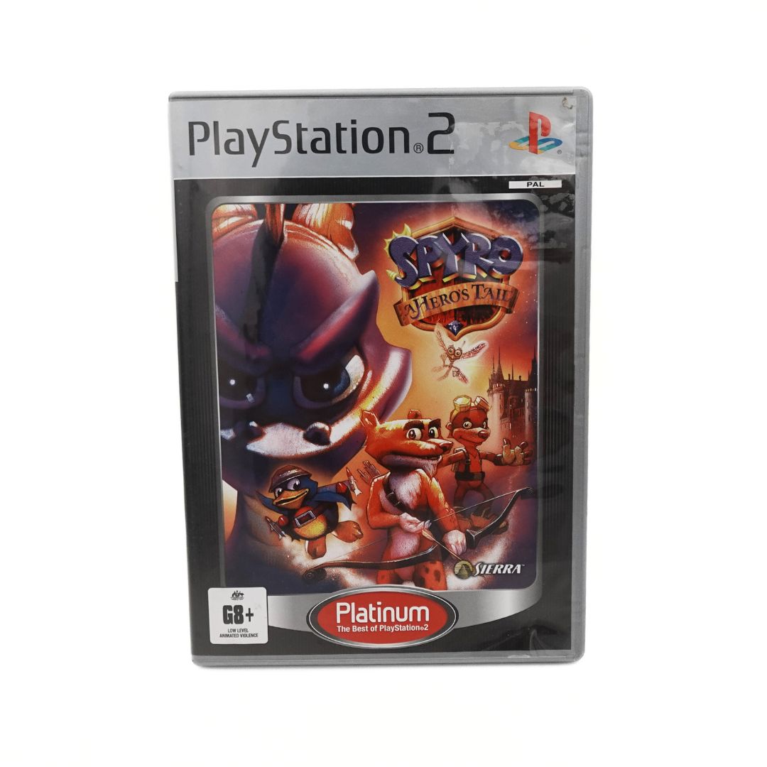 The front cover of the PlayStation 2 game Spyro A Hero's Tail, with a grey and black trip on a purple and orange cover