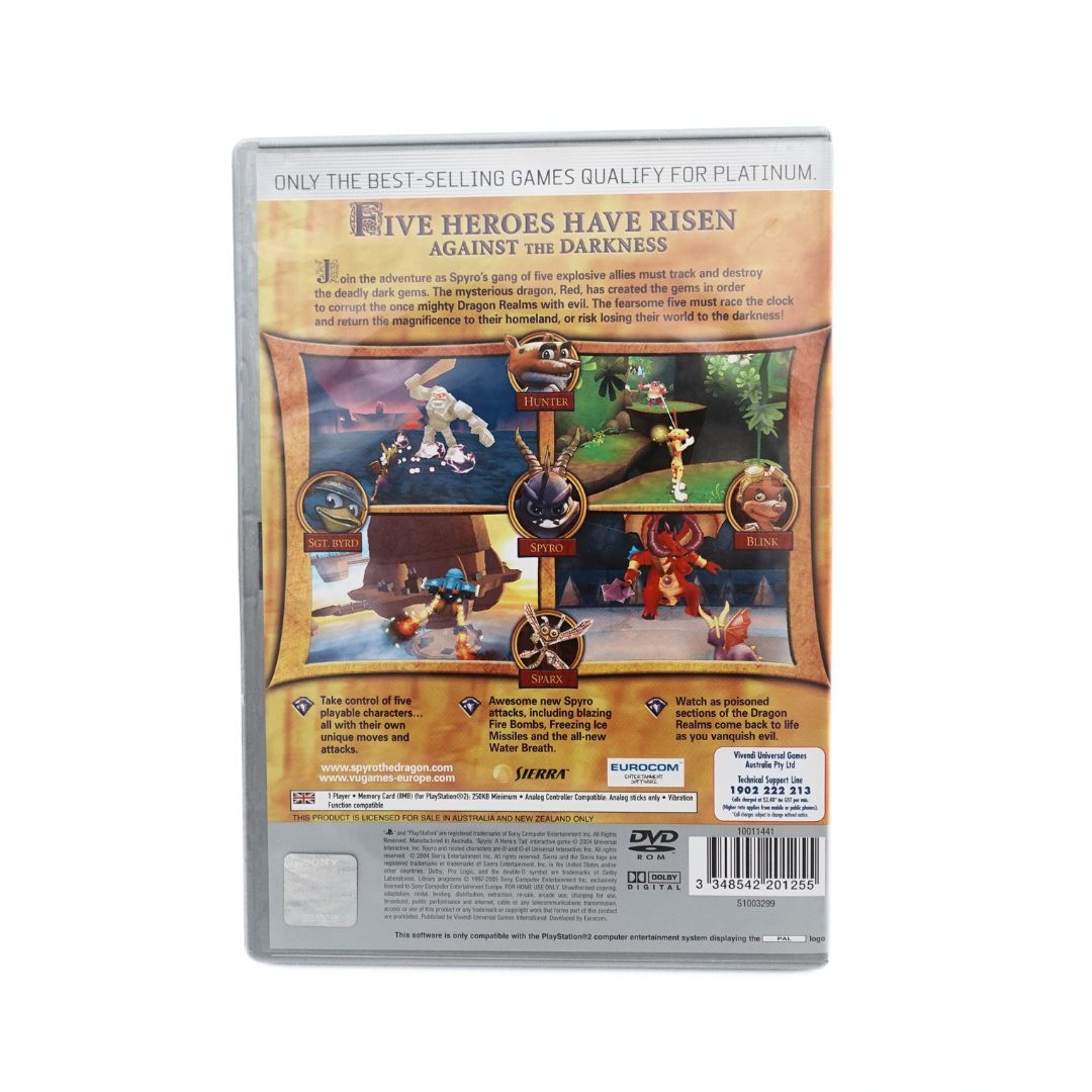 Back cover on the 2004 PlayStation 2 game Spyro A Hero's Tail showing examples of the gameplay