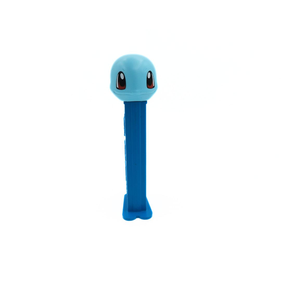 Front on photo of a Squirtle Pez dispenser with a light blue head and darker blue body