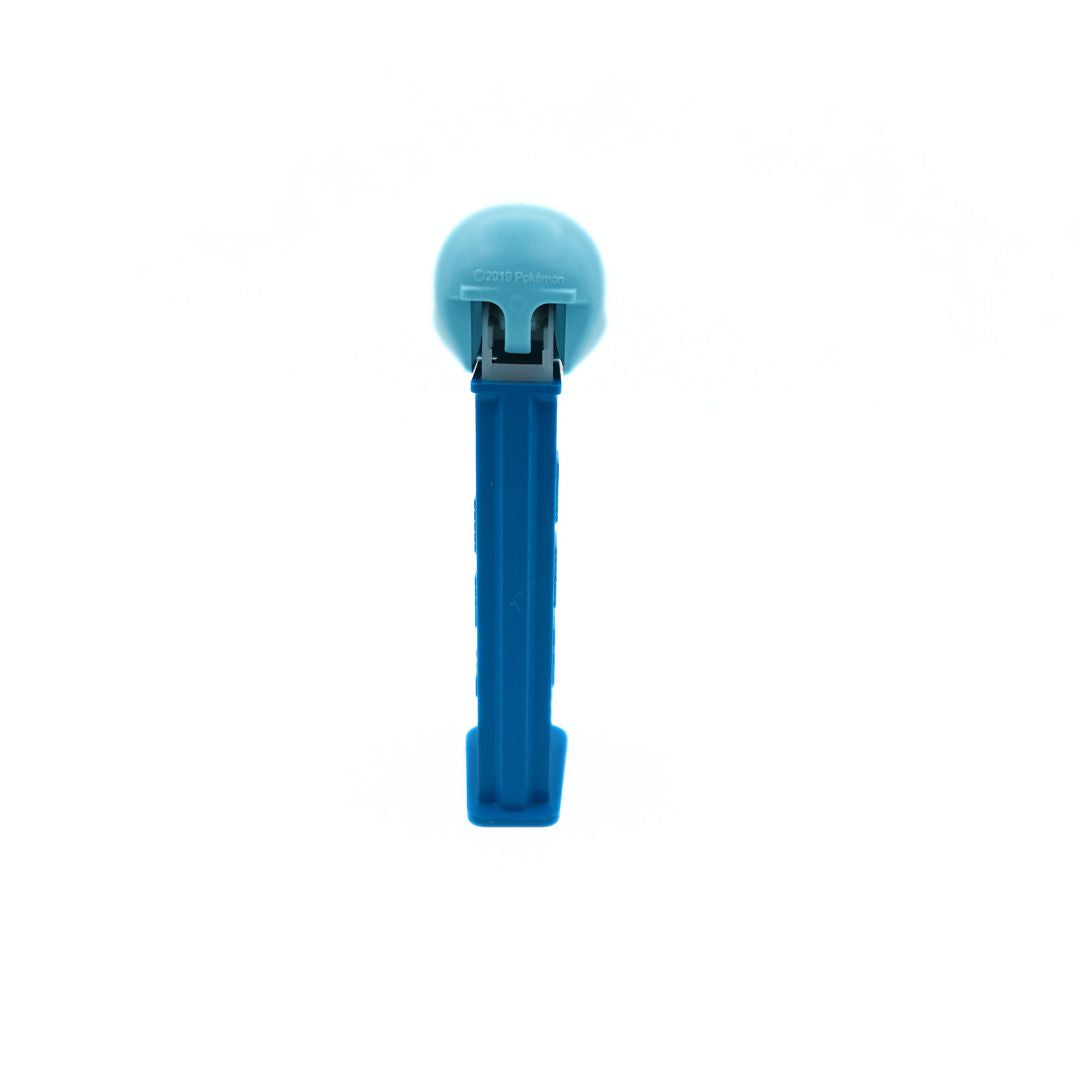 Photo of the back of a Squirtle Pez dispenser with a light blue head and darker blue body