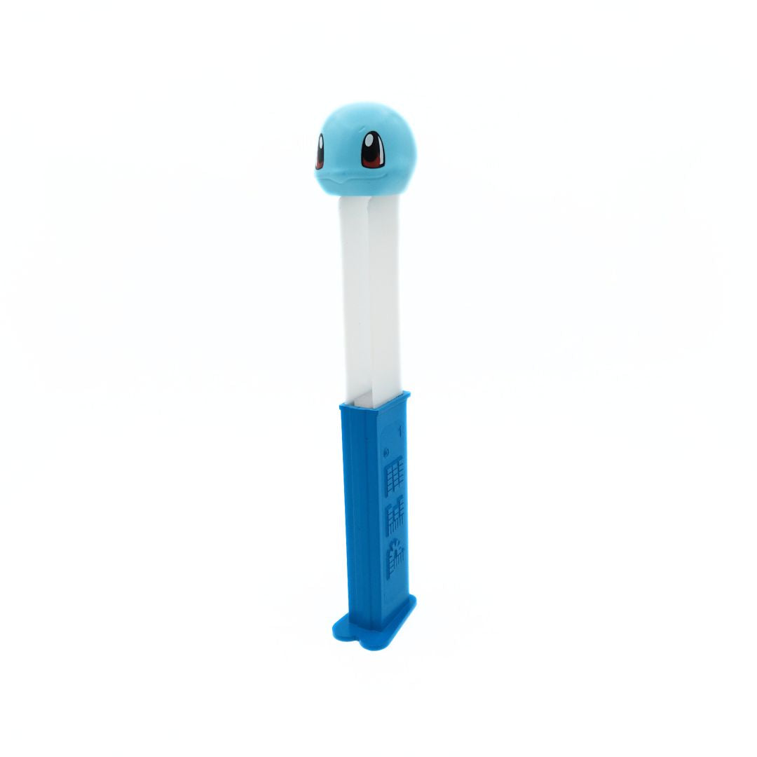 Photoof a Squirtle Pez dispenser with a light blue head and darker blue body, fully extended